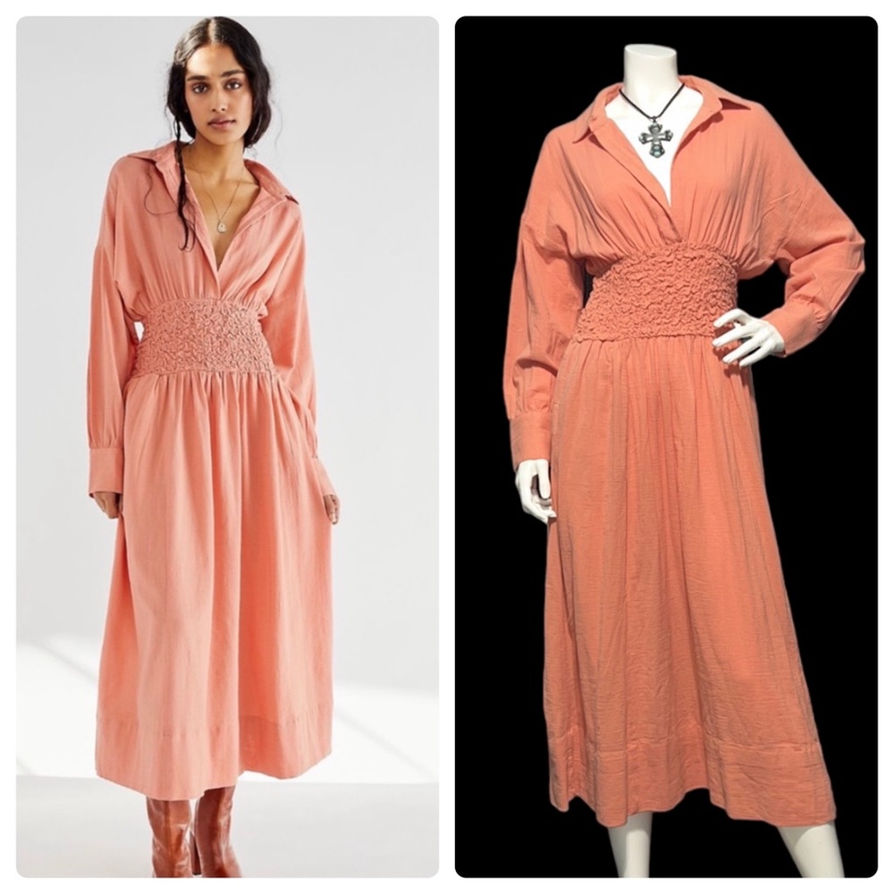 NWT Free People Monika Cotton MIDI Long Sleeve Shirt Dress in  Peach XS - Picture 2 of 11